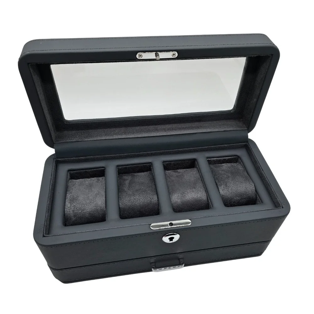 Watch Box Organizer ROTHWELL 4 Slot Carbon Leather Valet Drawer Glass Lid